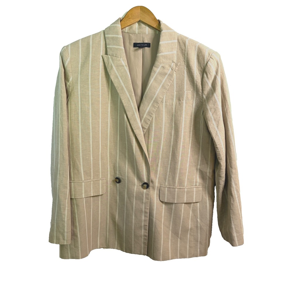 Ann Taylor Linen Blend Double Breasted Blazer 14 Pinstripe Office Casual Preppyโ